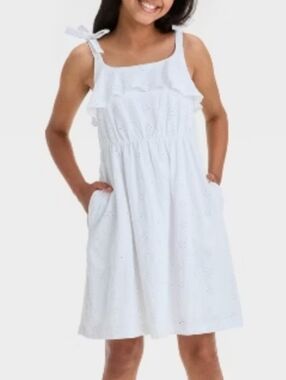 Cat & Jack Dress Girls White Sleeveless Knit Eyelet Pockets XS(4/5) , S(6/7).